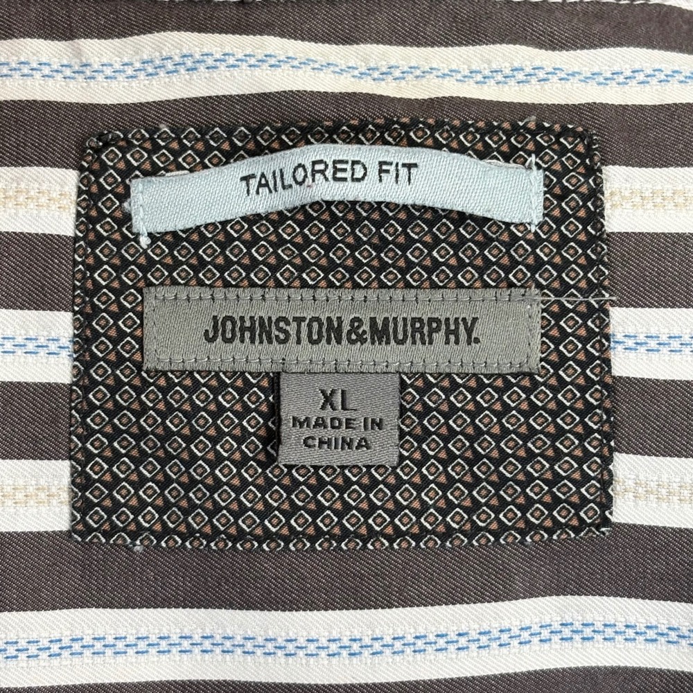 Johnston & Murphy Mens XL Tailored‎ Fit Brown White Blue Striped Button Down - Picture 4 of 4